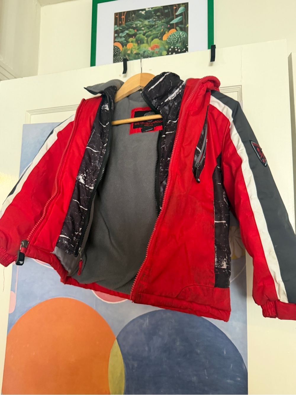 Weatherproof Kids Red Hooded Puffer Jacket with Gray Sleeves and White Stripe